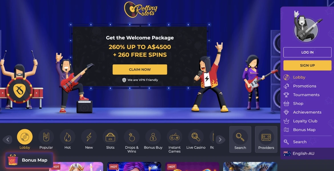 Rolling Slots Casino main page